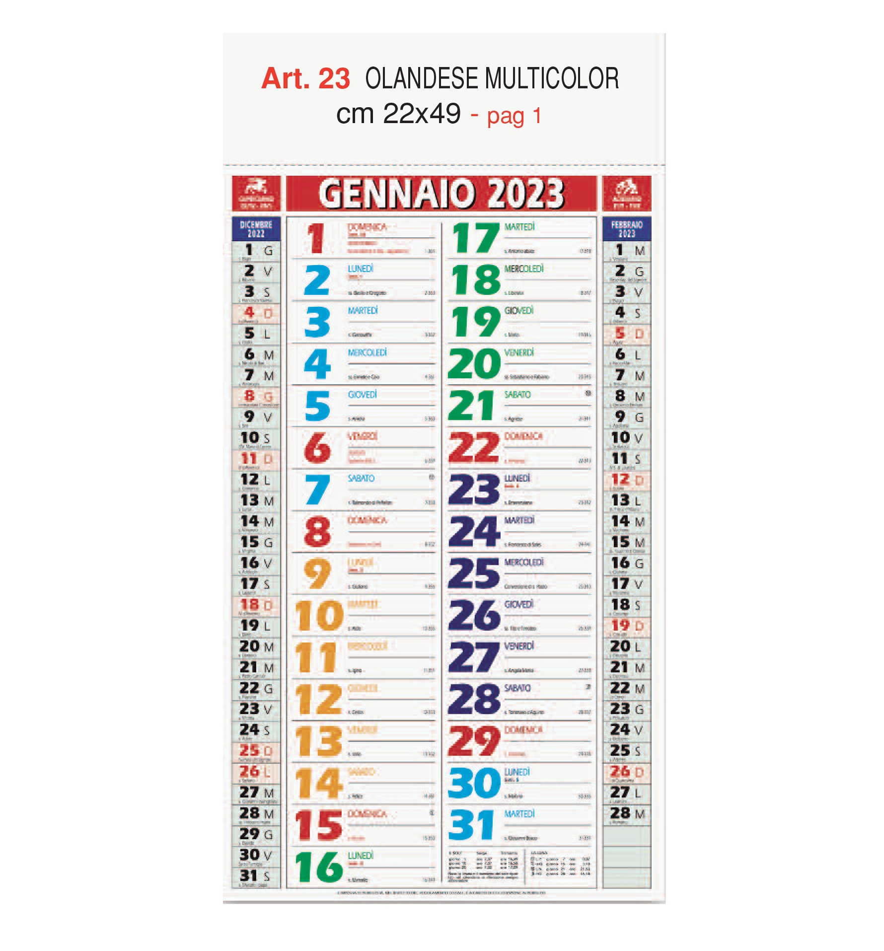 Calendario multicolor Art. 23, testata personalizzata