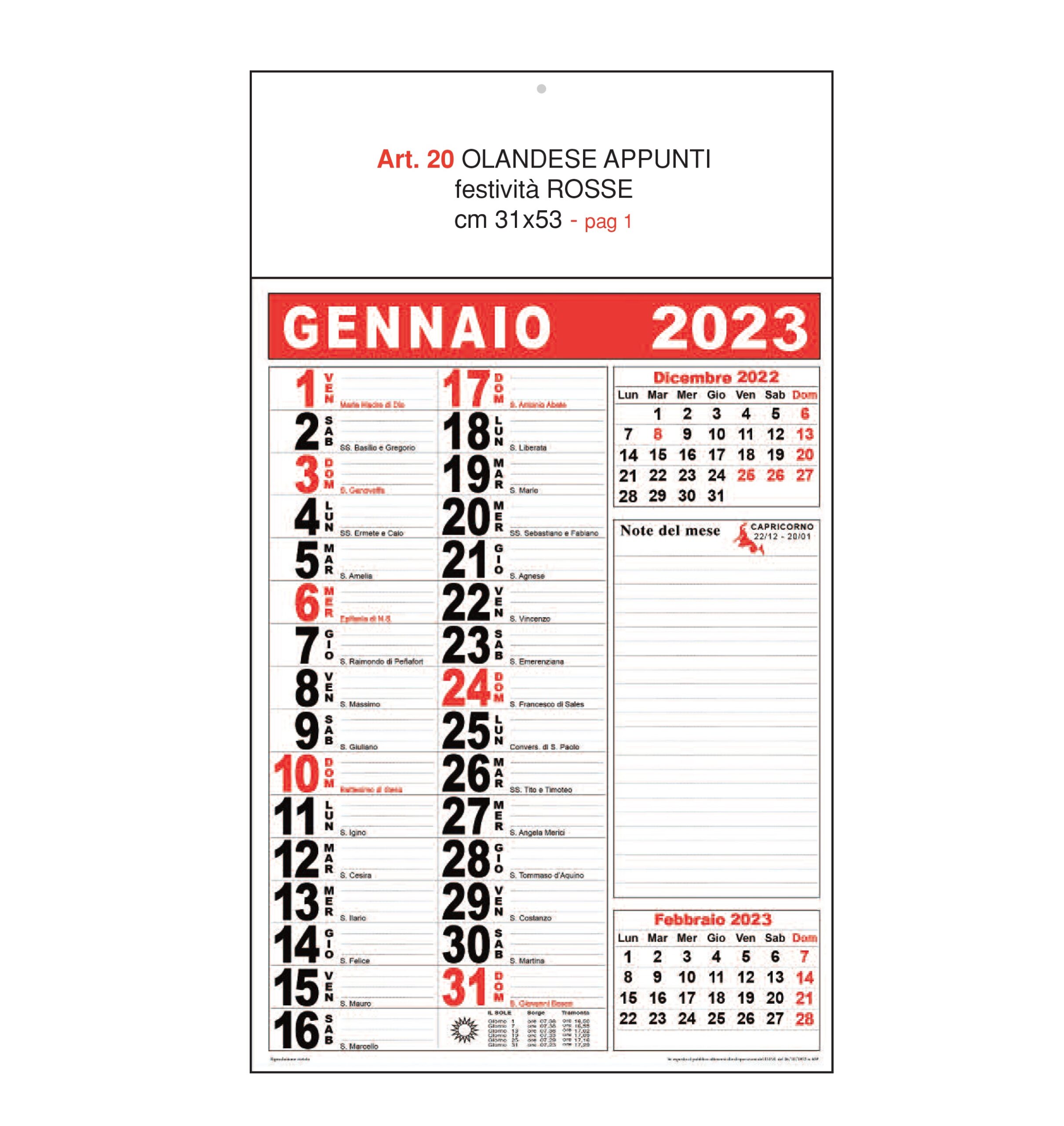 Calendario Olandese appunti nero-rosso, nero-ciano, Art. 20 stampa testata personalizzata