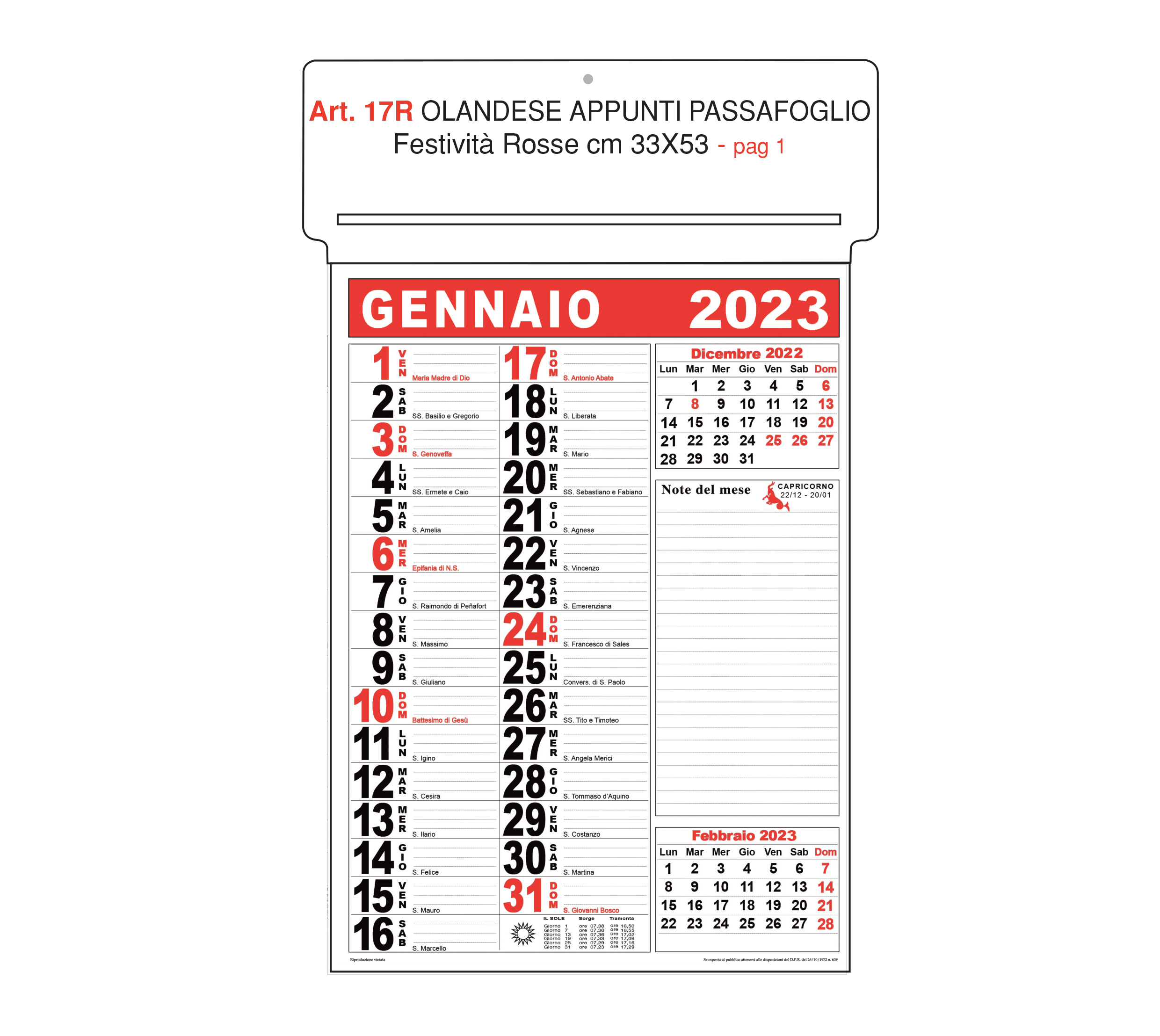 Calendario appunti passafoglio Art. 17 personalizzato