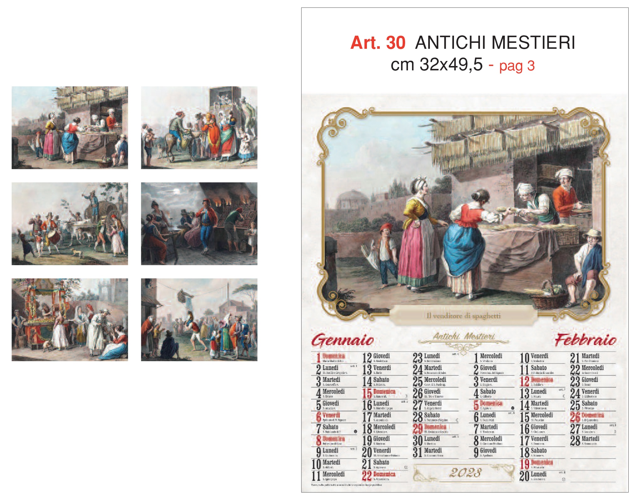Calendario Antichi mestieri, figurato 6 fogli, Art. 30 grafica testata personalizzabile