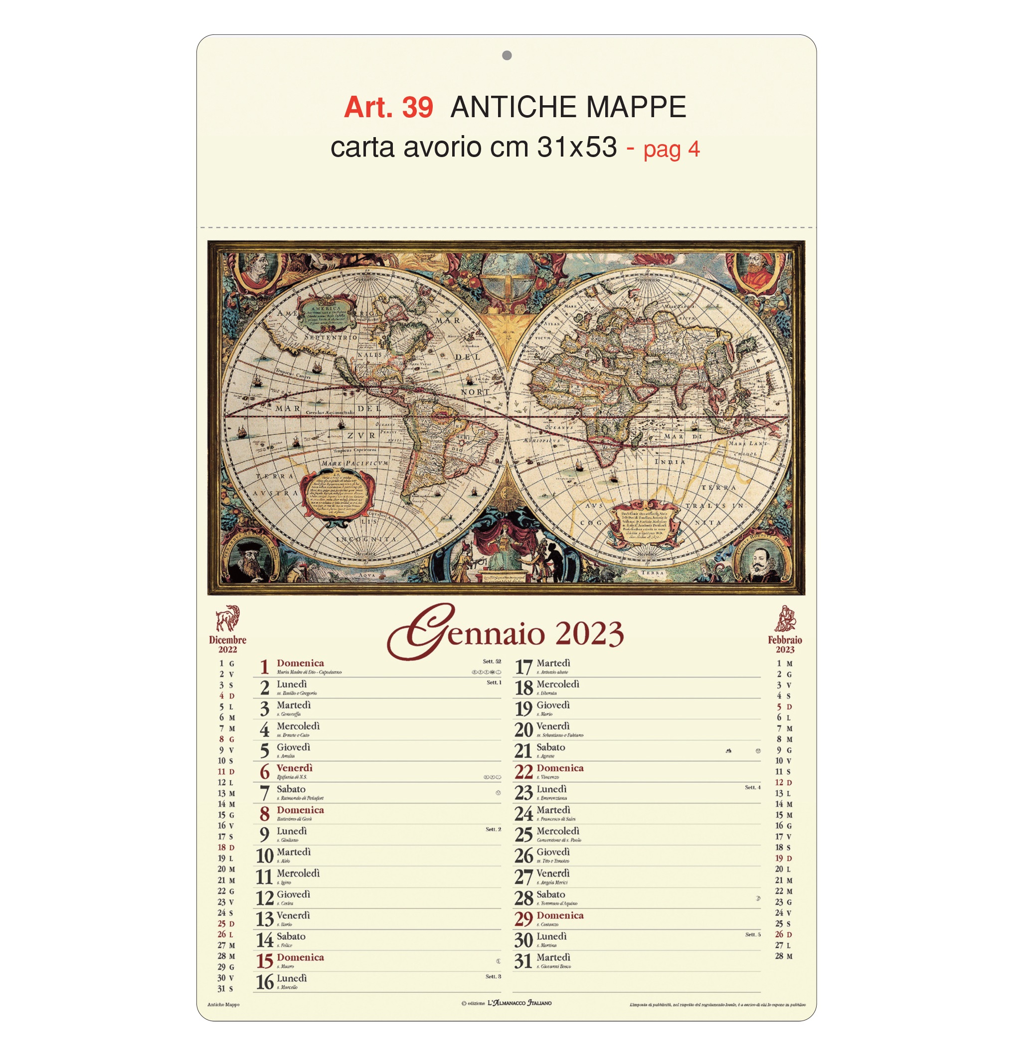 Calendario mappe antiche del mondo figurativo, Art. 39 grafica testata personalizzabile