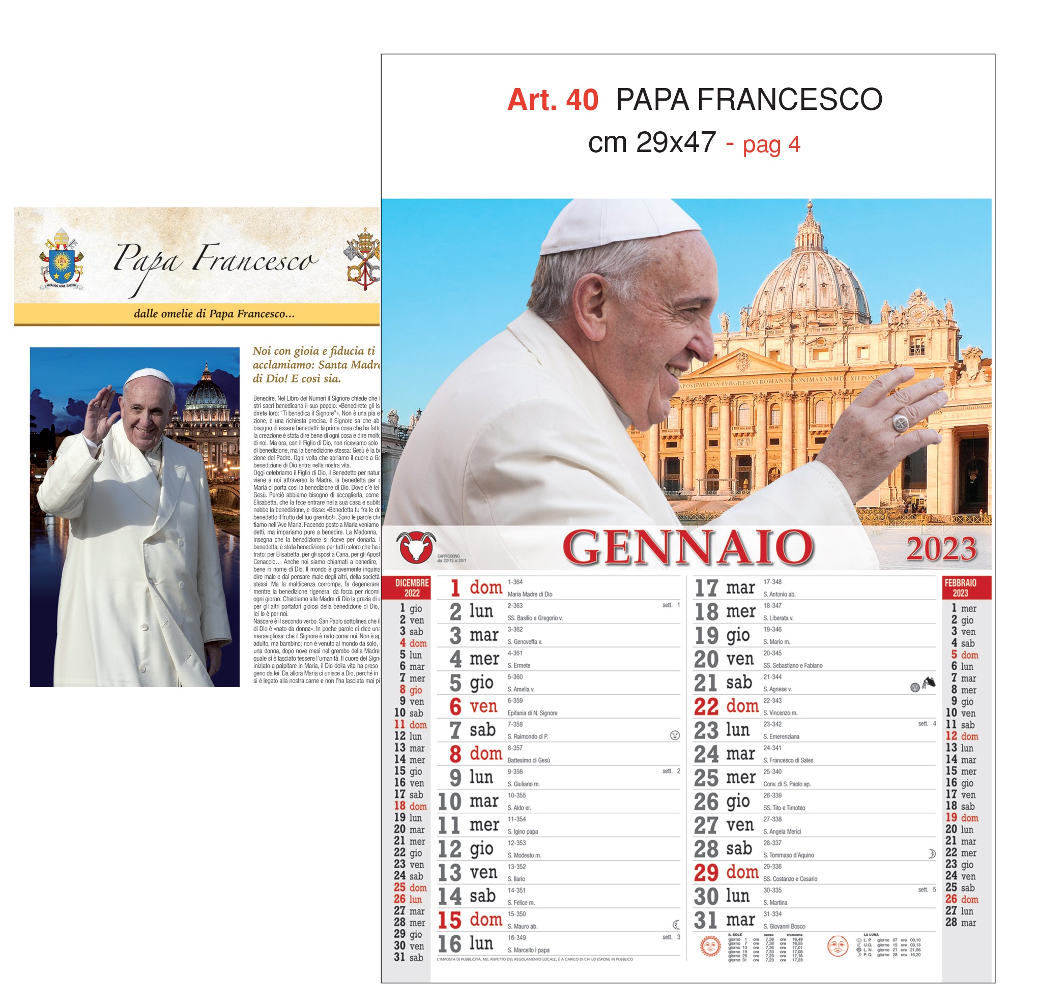 Calendario Papa Francesco 12 fogli, Art. 40 grafica testata personalizzabile