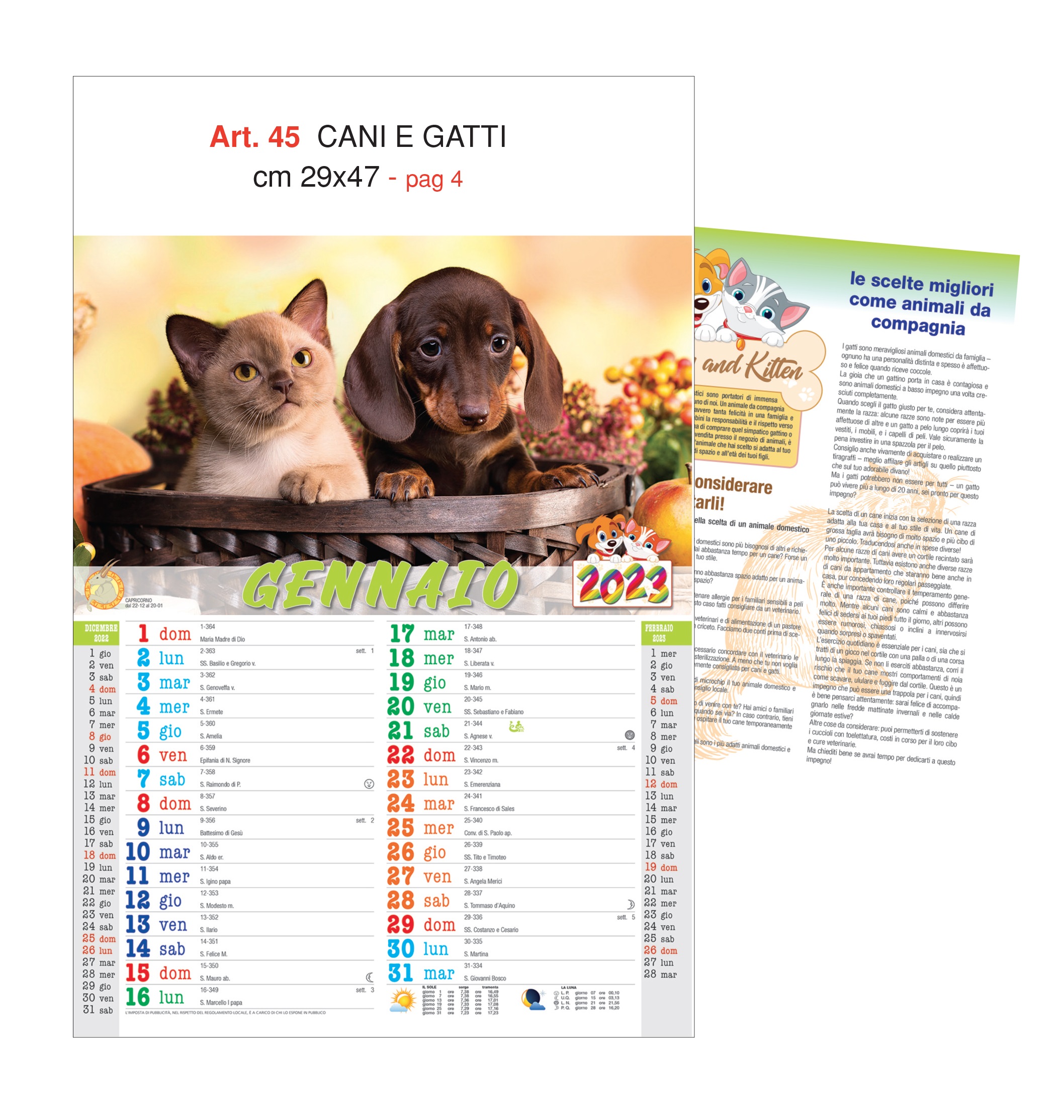 Calendario Cani e Gatti figurato, Art. 45 grafica testata personalizzabile