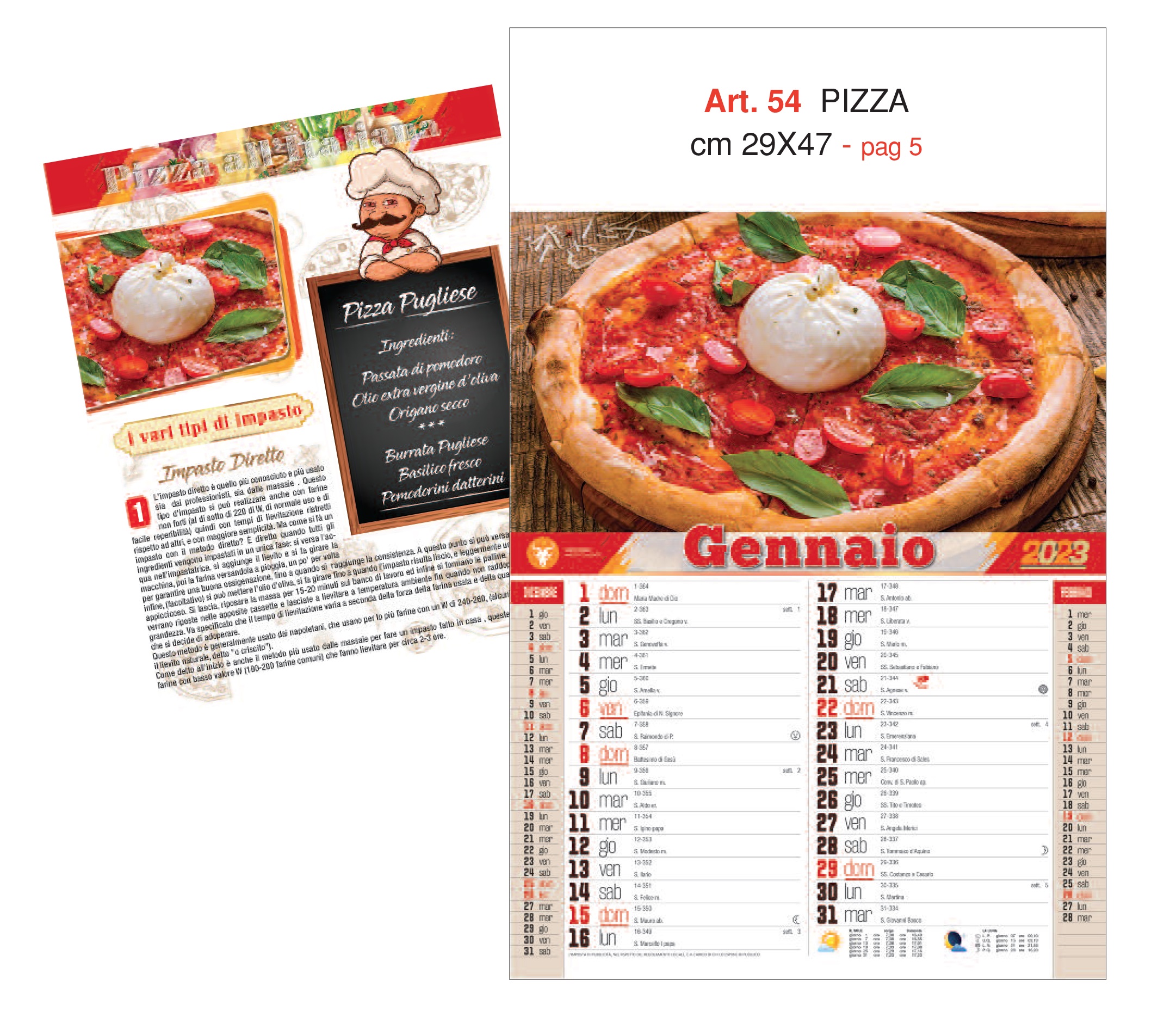 Calendario Pizza 12 fogli figurativo, Art. 54 grafica testata personalizzabile