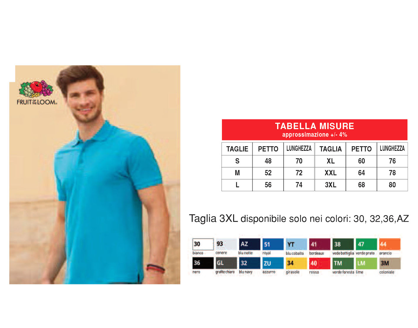 Polo Fruit of the Loom unisex art. 941 con la stampa del tuo logo