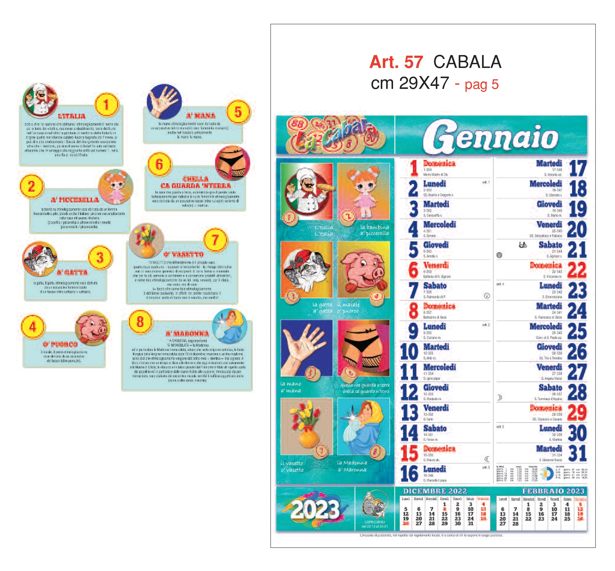 Calendario Cabala e Tombola, 12 fogli figurativo, Art. 57 grafica testata personalizzabile