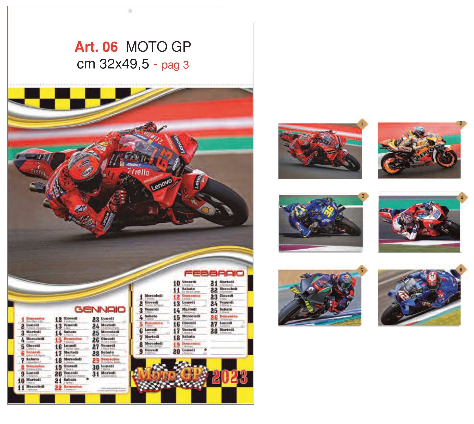 Calendario Moto GP, figurato 6 fogli, Art. 06 grafica testata personalizzabile