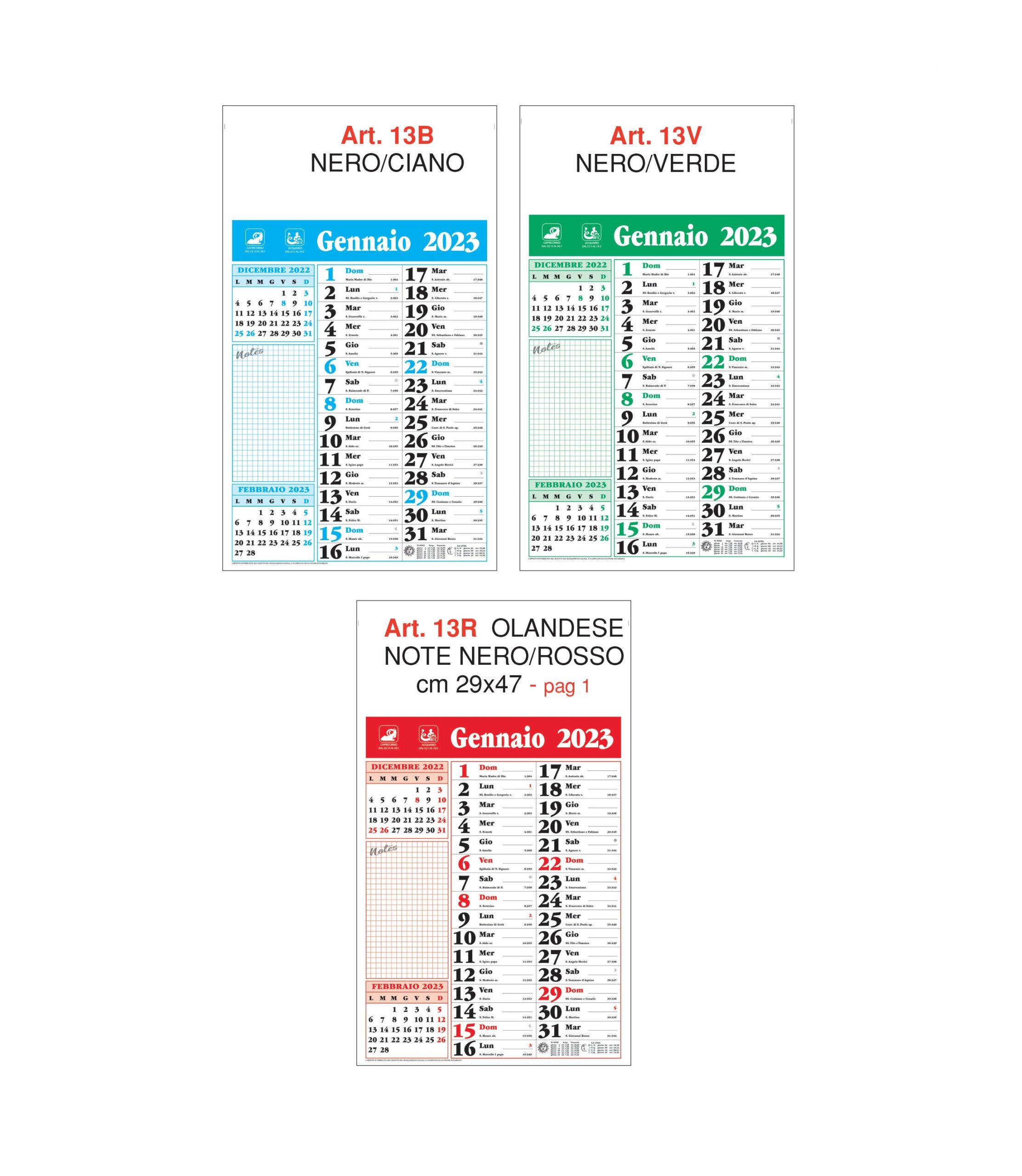 Calendario note Art. 13, testata personalizzata