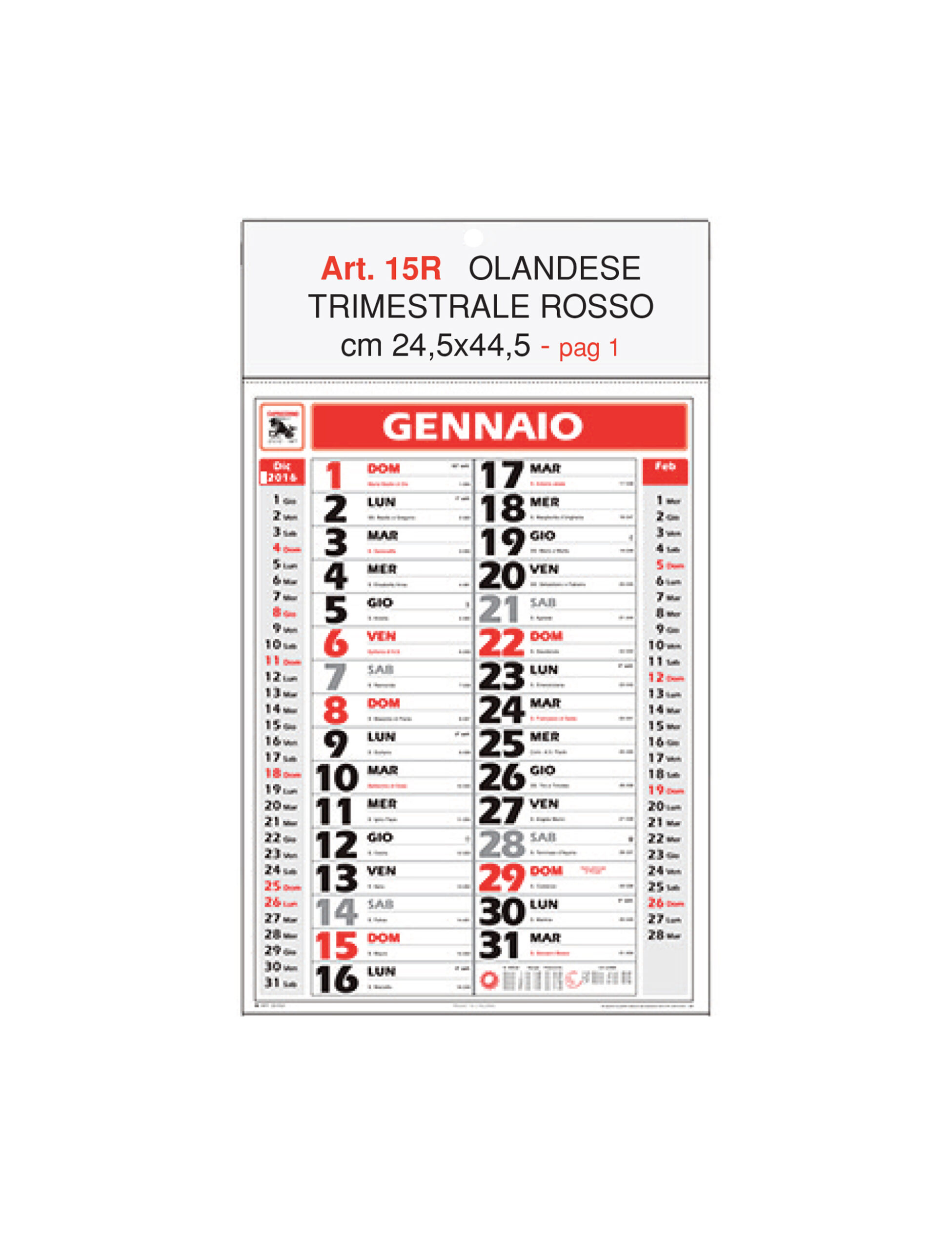 Calendario trimestrale, Art.15 grafica testata personalizzabile