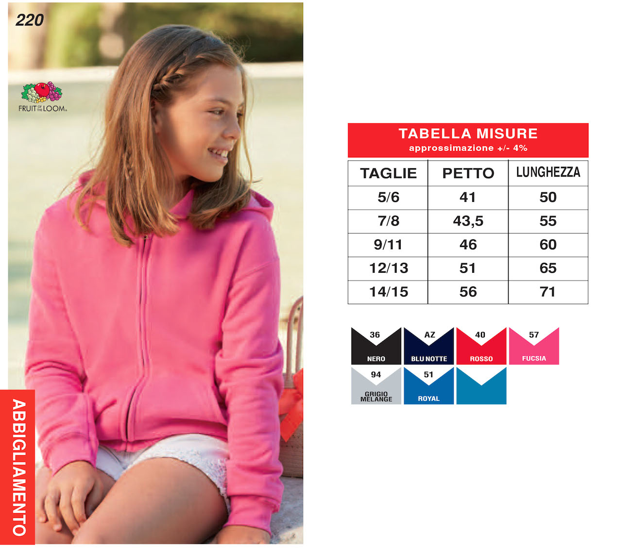 Felpa bambino Fruit of the Loom zip intera con cappuccio Art. 813 con la stampa del tuo logo