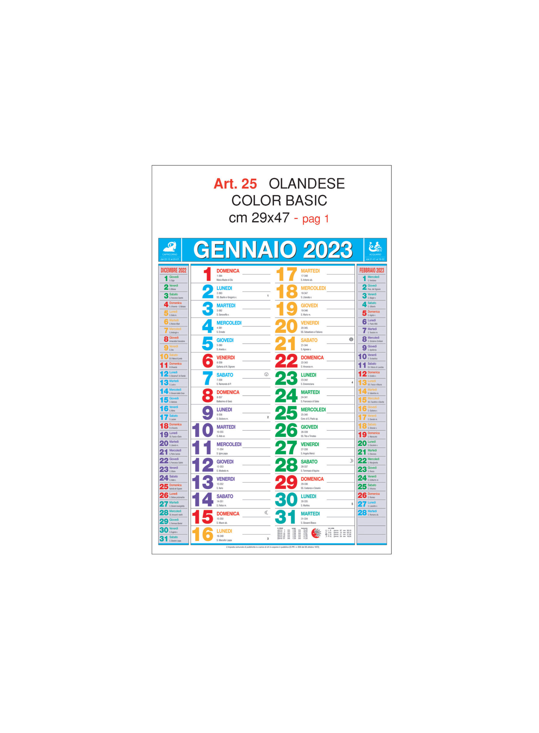 Calendario olandese multicolor basic Art. 25, testata personalizzata